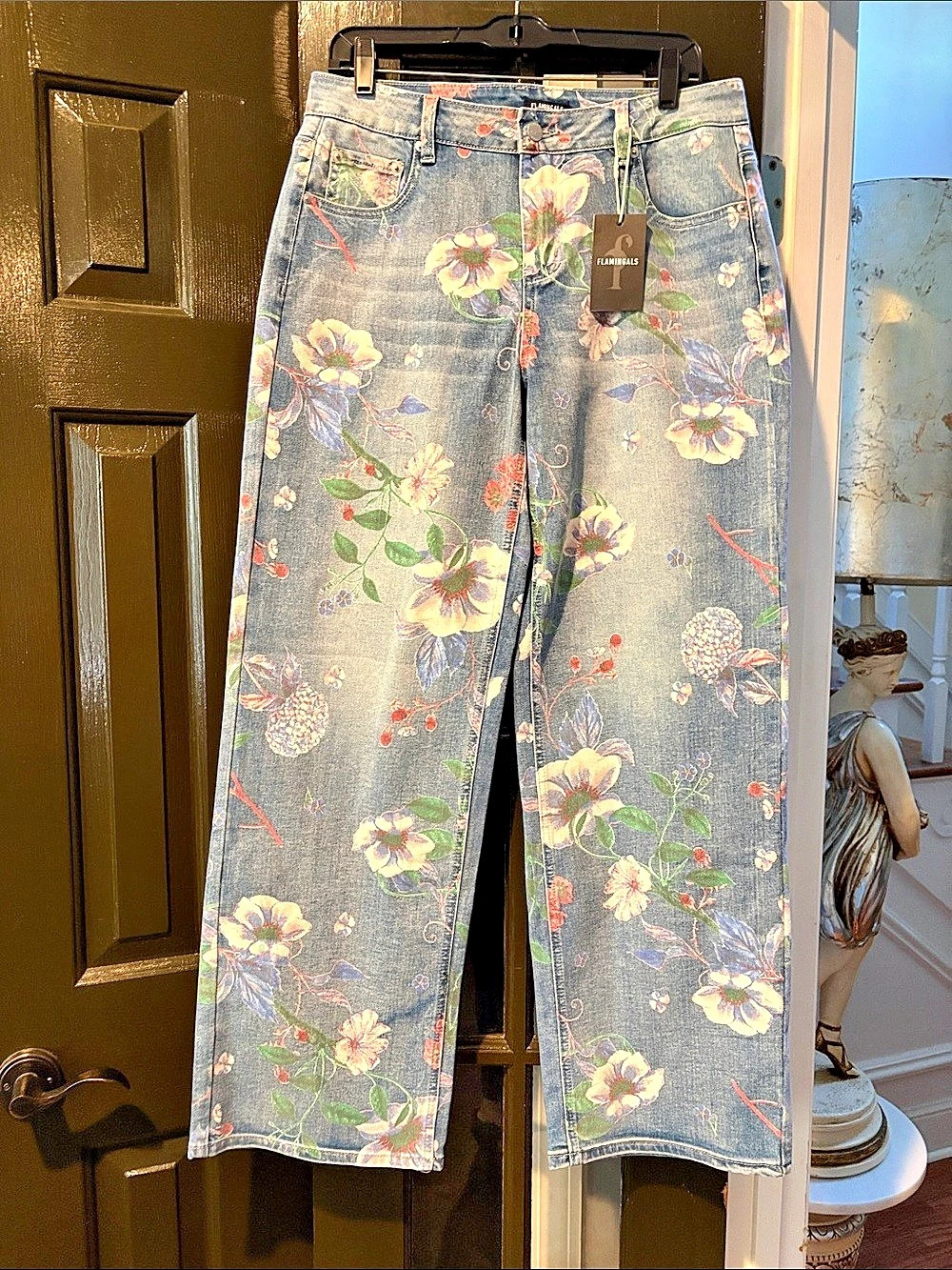 Flamingals Floral Straight Leg Jeans Blue & Pink Size Large NWT